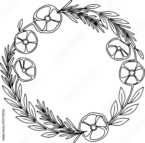 Continuous Single Line Remembrance Wreath Vector: Elegant and Minimalist Laurel Design for Memorial Cards, Website Footers, and Engraving.	