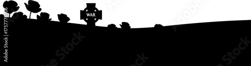 Stylized Remembrance Day Poppy Field Landscape Vector: Rows of Poppies and War Cross Silhouette for Large Format Banner Backgrounds.	