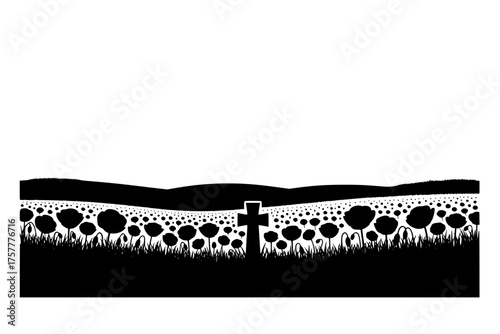 Stylized Remembrance Day Poppy Field Landscape Vector: Rows of Poppies and War Cross Silhouette for Large Format Banner Backgrounds.	