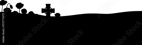 Stylized Remembrance Day Poppy Field Landscape Vector: Rows of Poppies and War Cross Silhouette for Large Format Banner Backgrounds.	