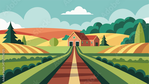 A quaint country road lined with neatly manicured fields leading to a picturesque farm nestled in the distance.