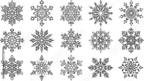 Intricate Geometric Snowflake Black Silhouette Vector Set: Unique, Detailed Shapes Optimized for Window Clings, Laser Engraving, and Cut Machines.	