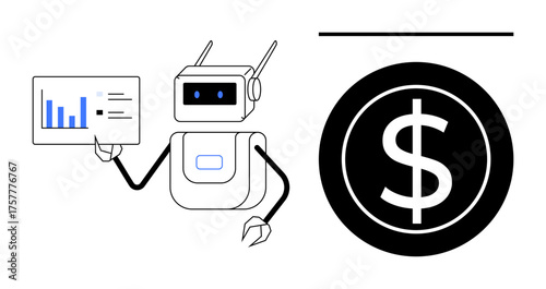 Robot holding data graph beside large dollar coin emphasizes technology-driven finance, analytics, automation. Ideal for fintech, investments, AI, economy, statistics, data visualization simple flat