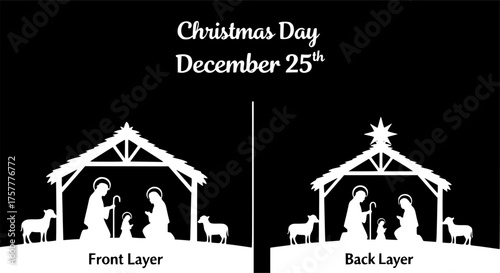 Layered Nativity Scene Black Silhouette Vector: Two-Layer Design for 3D Paper Cut, Shadow Box Crafts, and Die-Cut Holiday Decoration.	