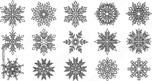Intricate Geometric Snowflake Black Silhouette Vector Set: Unique, Detailed Shapes Optimized for Window Clings, Laser Engraving, and Cut Machines.	