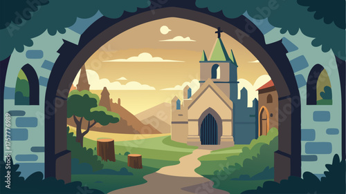 A glimpse into the past a village church built in the medieval style with soaring arches and intricate stone carvings.