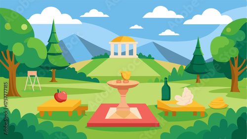 An idyllic setting for a picnic surrounded by manicured lawns and majestic statues.