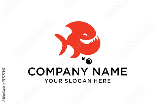 Red cartoon piranha fish logo design with sharp teeth, a happy smile, and bubbles on a white background.