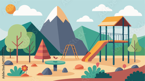 A modern playground with sleek play structures and a rockclimbing wall surrounded by carefully landscaped flower beds.