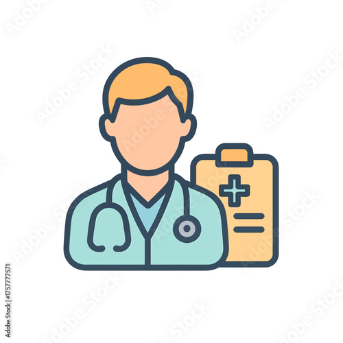Doctor with stethoscope and clipboard, suitable for medical, healthcare, diagnosis, treatment concepts in hospital, clinic, or healthcare presentations.