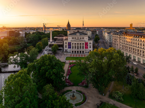 Birds eye view of the old city of Riga, Latvia. Captured in summer during sunrise.
