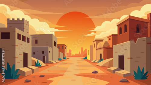 An abandoned street in a desert oasis the sun beating down on the empty buildings and streets.