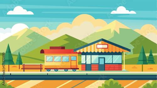 A peaceful country station with a train passing through picturesque rolling fields and a quaint ticket booth.