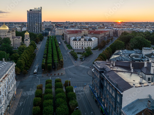 Birds eye view of the old city of Riga, Latvia. Captured in summer during sunrise.