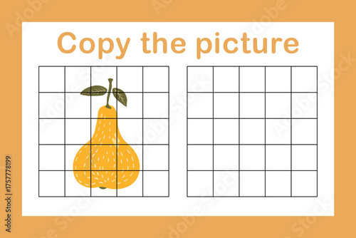 Copy the picture. Educational game for children. Cute pear. Drawing activity for kids. Colorful vector illustration.