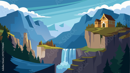 A majestic waterfall cascades down the rocky cliffs adding to the natural beauty of this mountain village.
