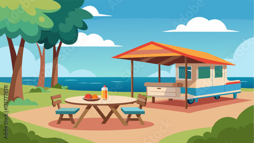 A cozy picnic area complete with shaded tables and a BBQ grill providing the perfect spot for a family meal at the seaside caravan park.