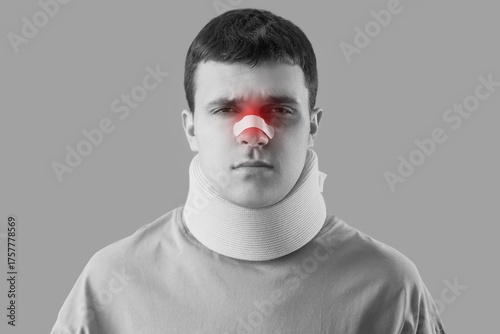 Young man with injured neck...