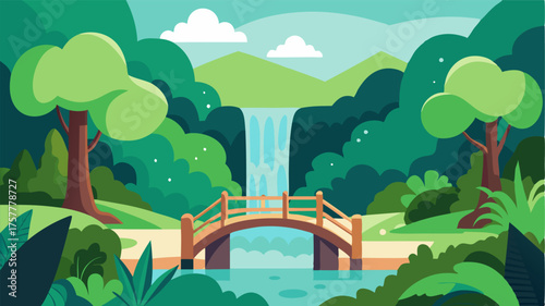 A hidden waterfall surrounded by lush greenery and a small wooden bridge providing the perfect setting for a romantic picnic for two.