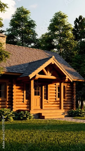 Wooden cabin nestled among lush green trees under bright sunlight