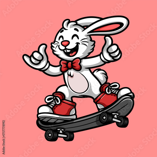 fun happy rabbit vibe on skateboard colored cartoon character isolated drawing line style sketch classic vintage design illustration