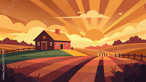 A beautiful sunset over a rural farmhouse with golden rays illuminating the surrounding fields and barns.