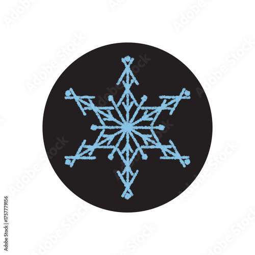 Round blue chalk snowflake sticker icon on black. Winter ornament for xmas box decoration and christmas ice frost. Snow flake brings cold seasonal charm as packaging accent.
