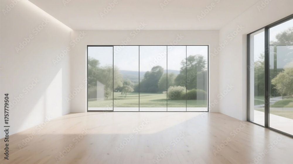 Fototapeta premium A spacious room with large glass windows showing a green outdoor view, featuring wooden flooring and a minimalist design.