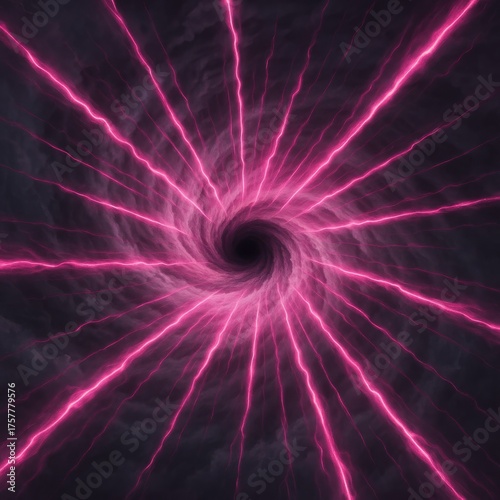 Spiral of pink and purple lightning bolts. The image is a representation of a storm, with the lightning bolts representing the energy and power of the storm