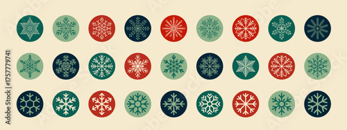 Round snowflake ornament set with blue, red and green circle badge and label sticker in line icon style. Holiday box ornament, winter snow flake symbol christmas round badge for festive decoration.