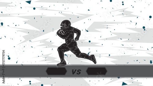 Dynamic Outline American Football Player VS Template for Sport Tournament Background. Black and White Runner Silhouette with Hexagon Text Area on Abstract Light Pattern