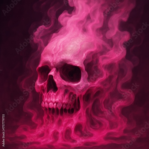 Skull with pink smoke coming out of it. The skull is surrounded by pink smoke and he is melting. Scene is eerie and unsettling