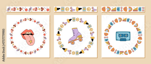 Groovy retro seamless border set in funky cartoon doodle style with cassette, roller, and lips in a playful circle frame. Pink and orange color add y2k flair to this unique frame border design.