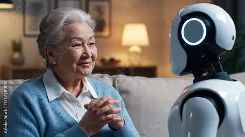 Senior woman with a robot on a couch, a futuristic service in smart home care, interaction between human and artificial intelligence footage.