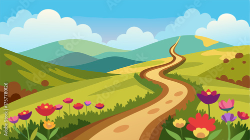 A narrow dirt path bordered by colorful wildflowers winding up a hill to reveal a stunning view of the expansive countryside.
