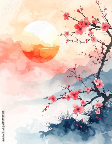 日の出の空と桜の花の咲く山　日本の風景