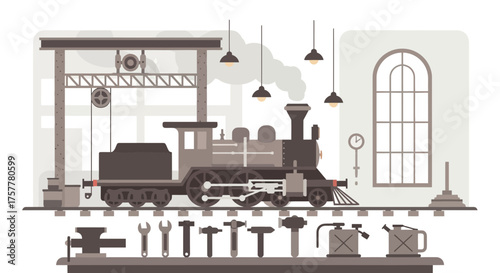 Vintage train workshop with locomotive and tools, a timeless scene