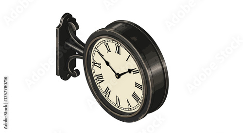 Classic iron station clock with roman numerals isolated on white surface