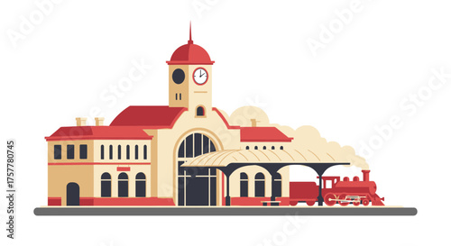 Classic Train Station with Steam Locomotive Illustration, Flat Vector Design