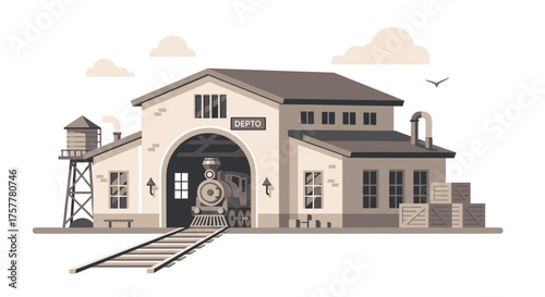 Classic train depot scene with vintage locomotive in neutral tones