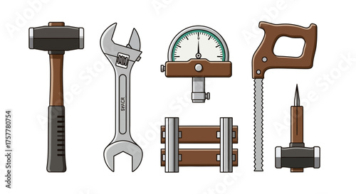 Collection of vintage stylized carpentry tools for workshop projects or crafts