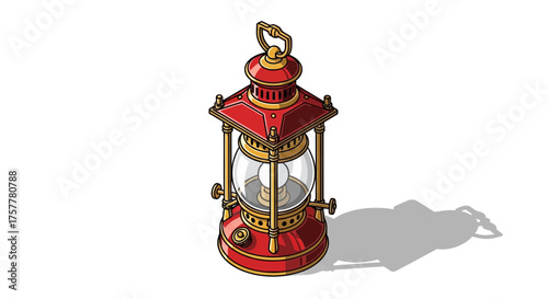 Detailed illustration of a vintage-style red and gold kerosene lantern