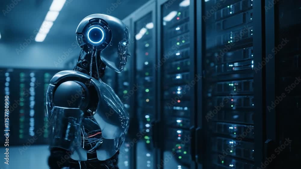 Robotics To Build Server Rack Stockvideon Robot man maintaining server rack in data center. Cyborg ...