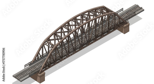 Illustrated steel arch railway bridge isolated on white background