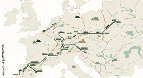 Illustrated European train route map showcasing travel destinations networks