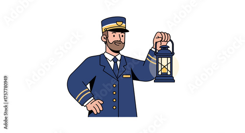 Illustration of a confident train conductor holding a vintage lantern