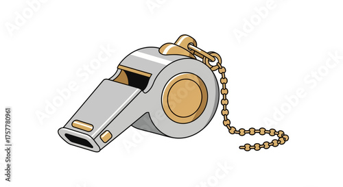 Illustration of a referee whistle with a chain in silver and golden