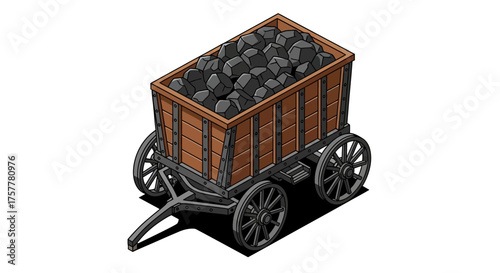 Illustration of a Wooden Coal Cart Isolated on a Clean White Backdrop