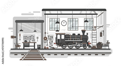 Illustration of vintage locomotive inside repair workshop, vintage concept