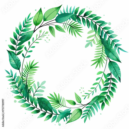 Watercolor wreath frame made of green leaves
